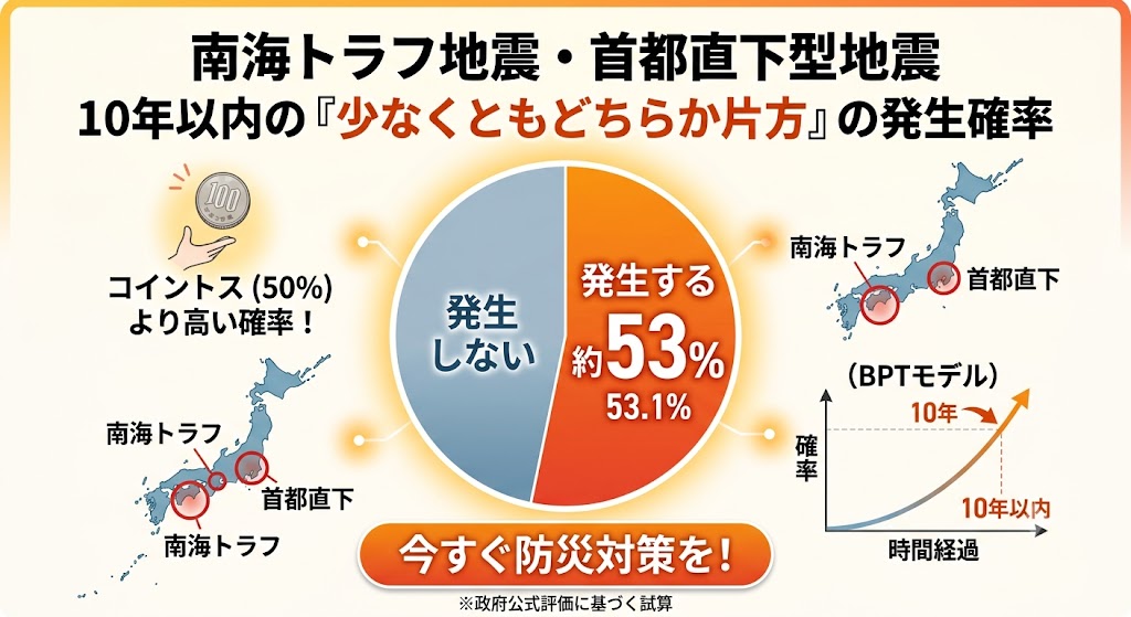 10年以内に南海トラフ地震と首都直下型地震の「少なくともどちらか片方」が起こる確率