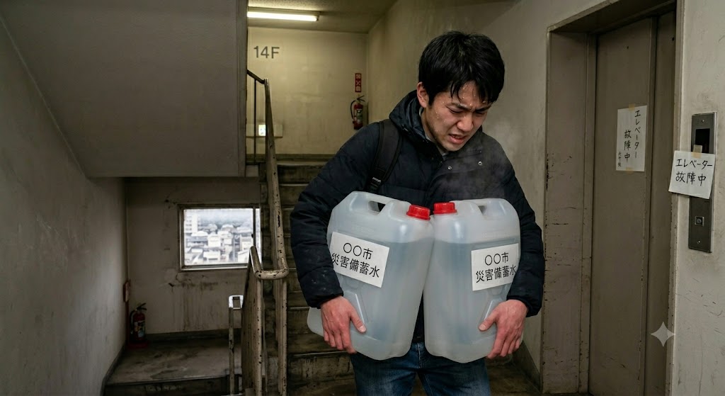階段で水を運ぶ 