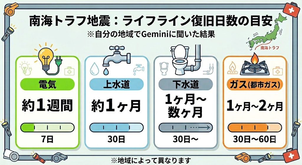 南海トラフ地震の際ライフライン復旧にかかる日数