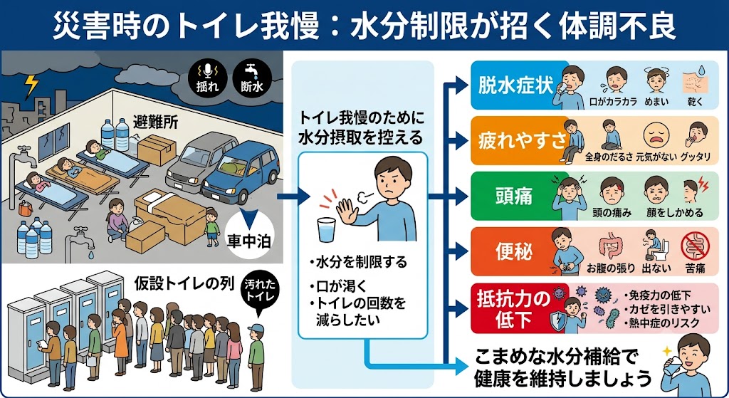災害時にトイレを我慢するために水分摂取を減らしてしまうと