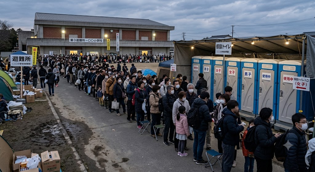 避難所の仮設トイレに並ぶ
